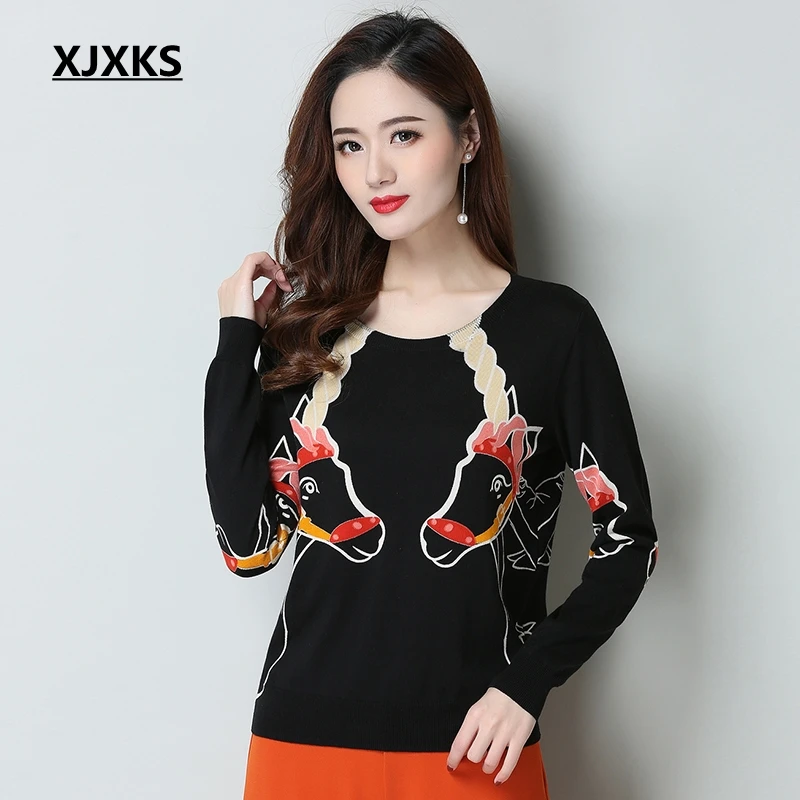 

XJXKS Pullover Women New 2019 Pull Femme Reactive Printing Horse Pattern Long Sleeve Soft Vintage Knitted Sweater Jumper