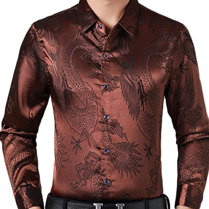 Темно-синяя гладкая шелковая атласная рубашка для мужчин китайский дракон жаккард для мужчин s приталенная рубашка с длинным рукавом на пуговицах Рубашка 4XL - Цвет: brown