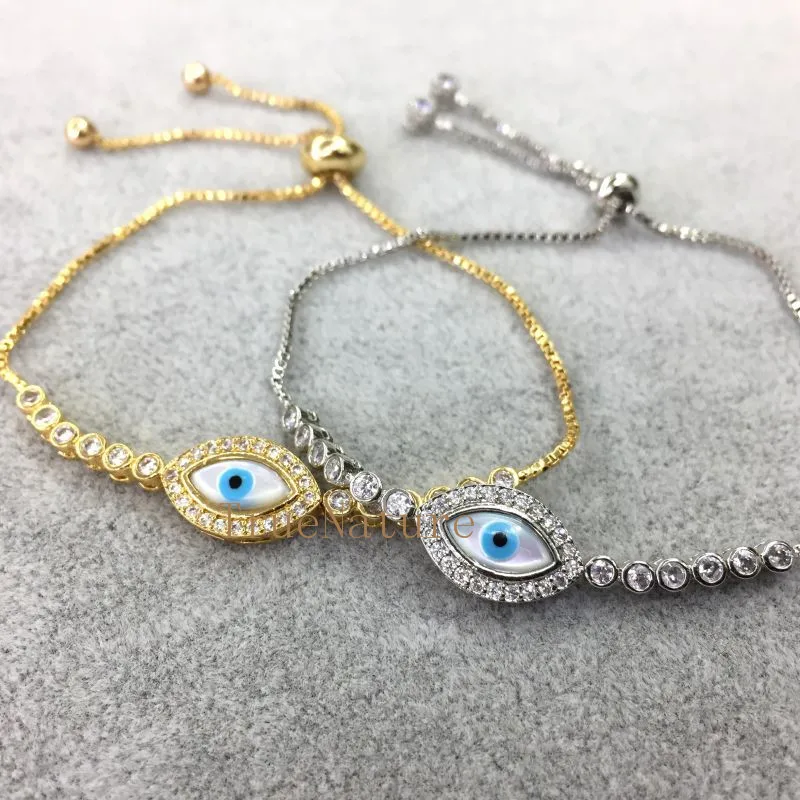 

New Arrival CZ Micro Pave Evil Eye Charm Bracelet White Shell Evil Eye Copper Electroplated Adjustable Bangles Chains BM5315