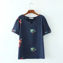 Женская хлопковая футболка с коротким рукавом, большие размеры, Цветочная вышитая Футболка с v-образным вырезом, женская блузка, футболка, летняя футболка, femme