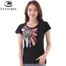 CIVI CHIC/летние облегающие футболки с принтом листьев, женская футболка, ручная работа, алмазные бусины, топ, футболка, этническая хлопковая одежда с круглым вырезом, большие размеры, WST32