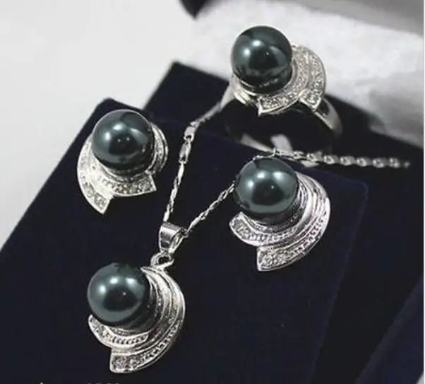 

Hot sale new Style >>>> Elegant 10mm Black Round South Sea Shell Pearl Pendant Necklace Earring Ring Set