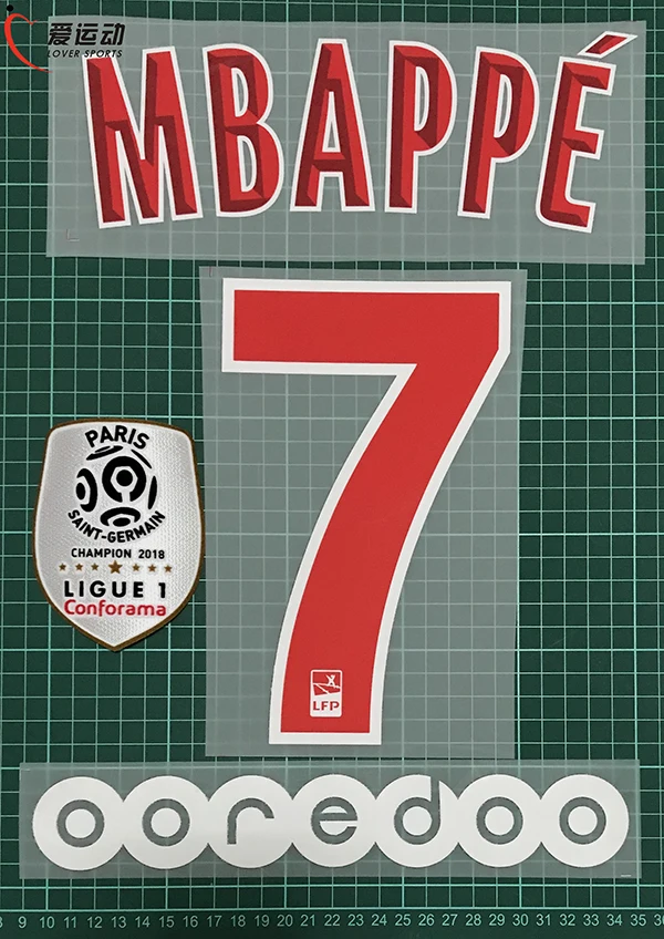 19 PSG home MBAPPE#7 набор именных чисел+ Ligue 1 Чемпион патч+ ooredo Париж MBAPPE#7 nameset