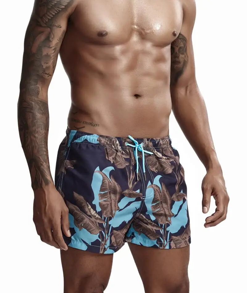 Мужские шорты с принтом, быстросохнущие пляжные шорты, плавки, мужские бикини, одежда для плавания, шорты для серфинга, шорты, De Bain Homme Banadore - Цвет: Sky Blue Leaves