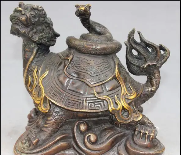 

free 6" Chinese Folk Feng shui Bronze Gilt Wealth Dragon Tortoise Turtle snake Statue fast