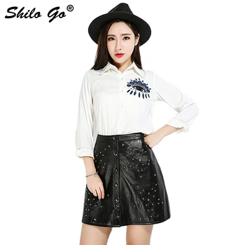 

Leather Skirt Womens Autumn Fashion sheepskin genuine Leather A Line Skirt Black sexy Star rivet single breasted skirts