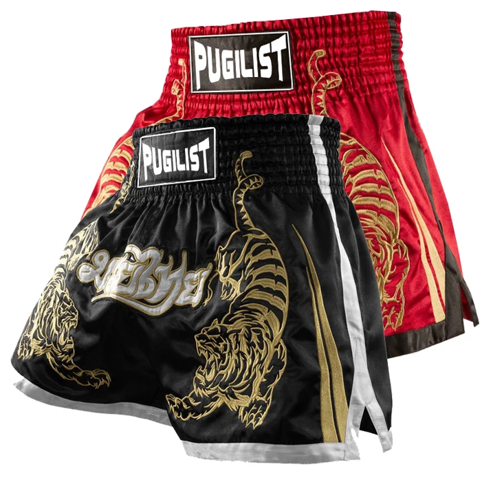 

High quality men women MMA Kick boxing Shorts Black Red embroidery Tiger Muay Thai Mma Sanda pants Fighting Gym trunks Size30-36