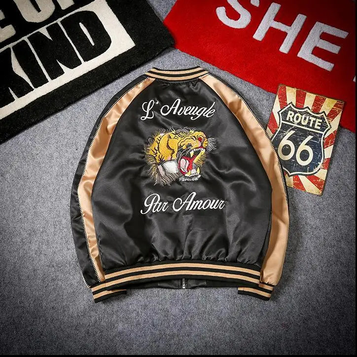 Embroidery Tiger Bomber Jacket Men Jacket Streetwear Hip Hop Baseball Jacket US Size M-XXL Embroidery Tiger Bomber Jacket Men Jacket Streetwear Hip Hop Baseball Jacket US Size M-XXL