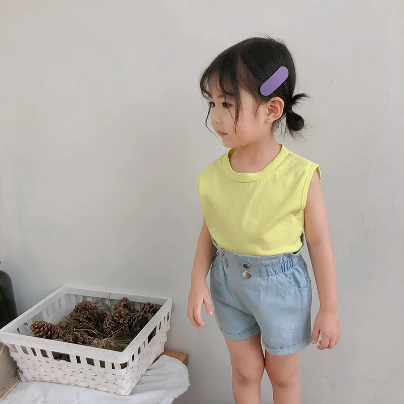 Curtas para o Bebê Verão Nova Chegada Estilo Coreano Algodão Cor Pura Cintura Alta All-match Moda Quente Calças Doce Bonito Meninas 2020 6 Mamãe e Bebê