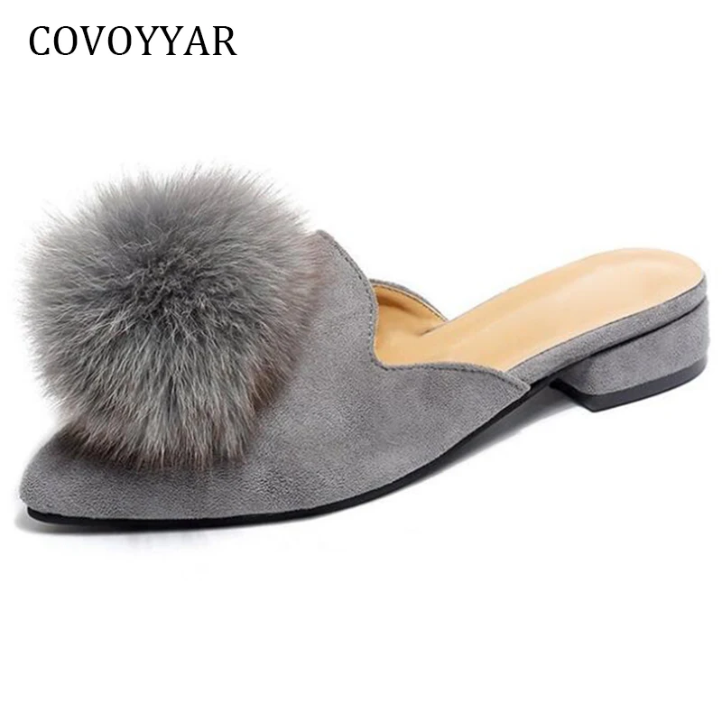 melhor COVOYYAR Bola Peludo Bonito Mulheres Chinelos Mulas 2018 Slingback Moda Dedo Apontado Mulheres Desliza Sandálias de Salto Baixo Mulheres WSL588