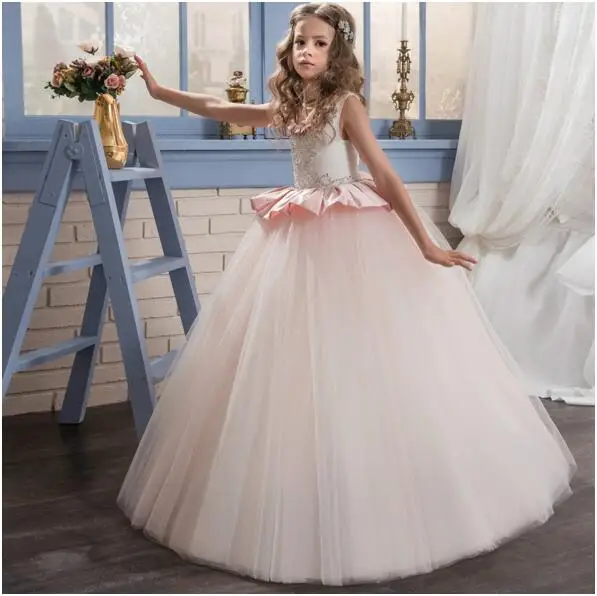 

New Light Pink Flower Girl Dresses 2019 High Quality Customized First Communion Dress Lace Beaded Girls Birthday Pageant Gown