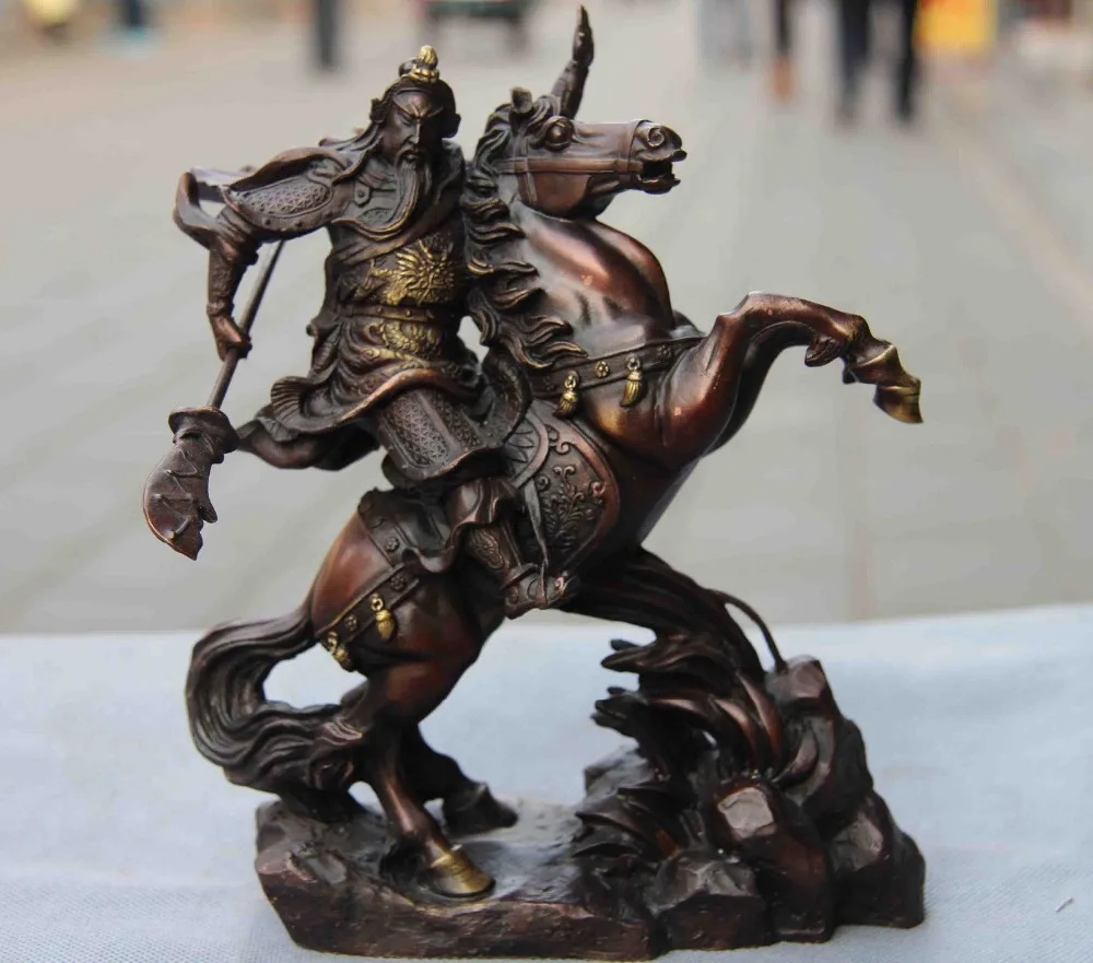 

Chinese Folk Red Copper Dragon GuanGong Guan Yu Ride Horse Warrior Statue