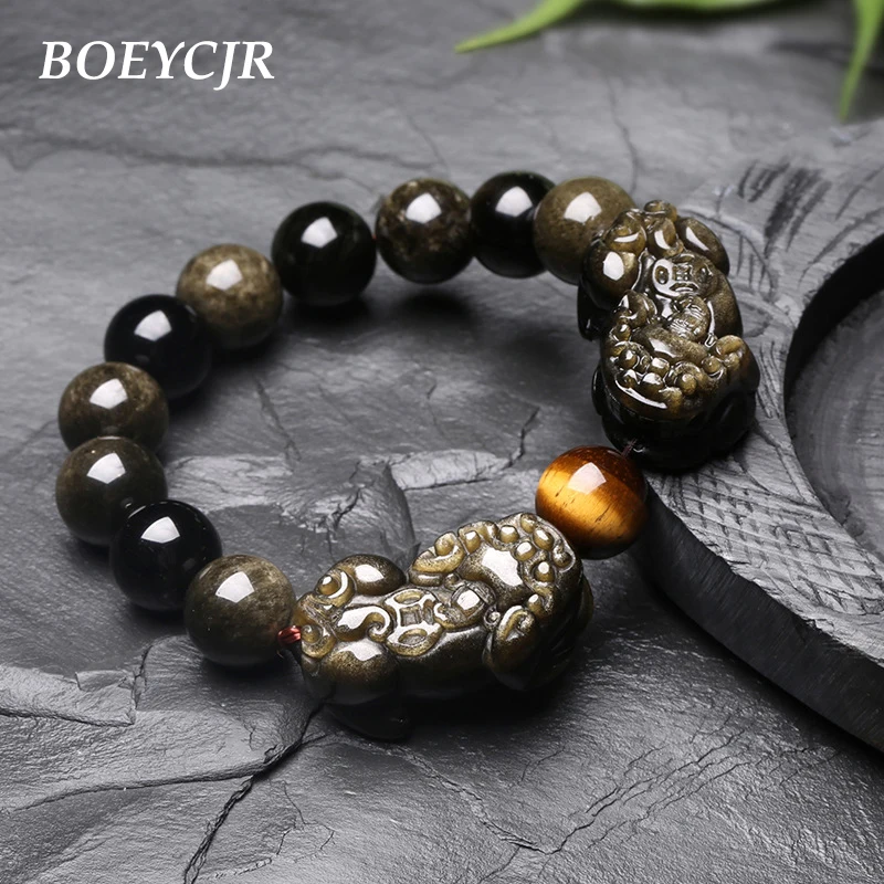 

BOEYCJR Natural Black Stone Pixiu Brave Troops Braided Buddhism Bead Energy Bangles & Bracelets for Men & Women Jewelry 2019