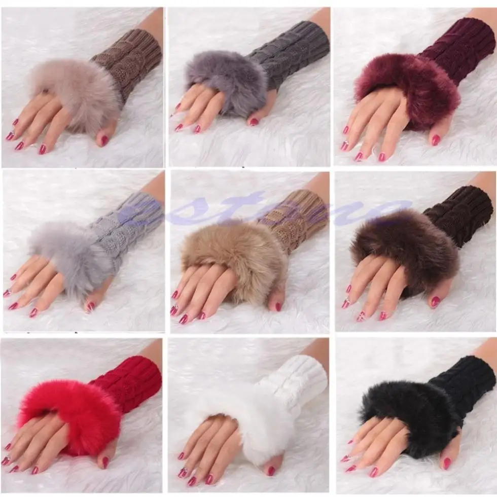 

Women Knitted Fingerless Wrist Hand Arm Winter Warmer Faux Fur Gloves Mittens F05