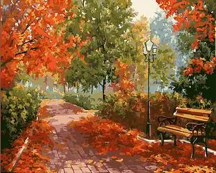 Autumn Deciduous Trail and bench in park landscape coloring by numbers art canvas painting wall pictures for living room home decor