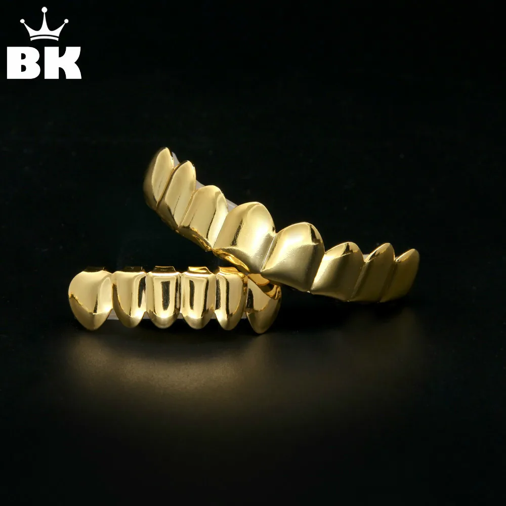 

Gold Finish Grills Set Eight 8 Top Teeth & Six 6 Bottom Tooth Plain Hip Hop Grills New High Quality Christmas Halloween Gift