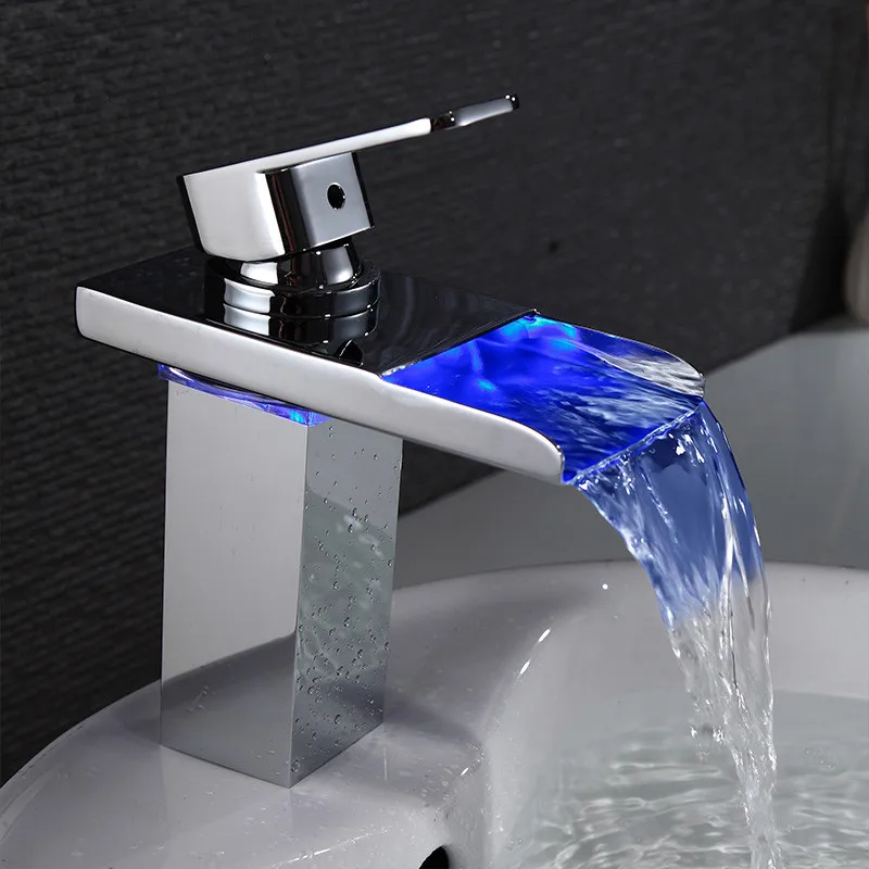 

Basin Faucets Waterfall LED Light Basin Tap for Bathroom Torneira Led Chrome Finish Deck Mount Polished Sink Mixer Taps LH-16808