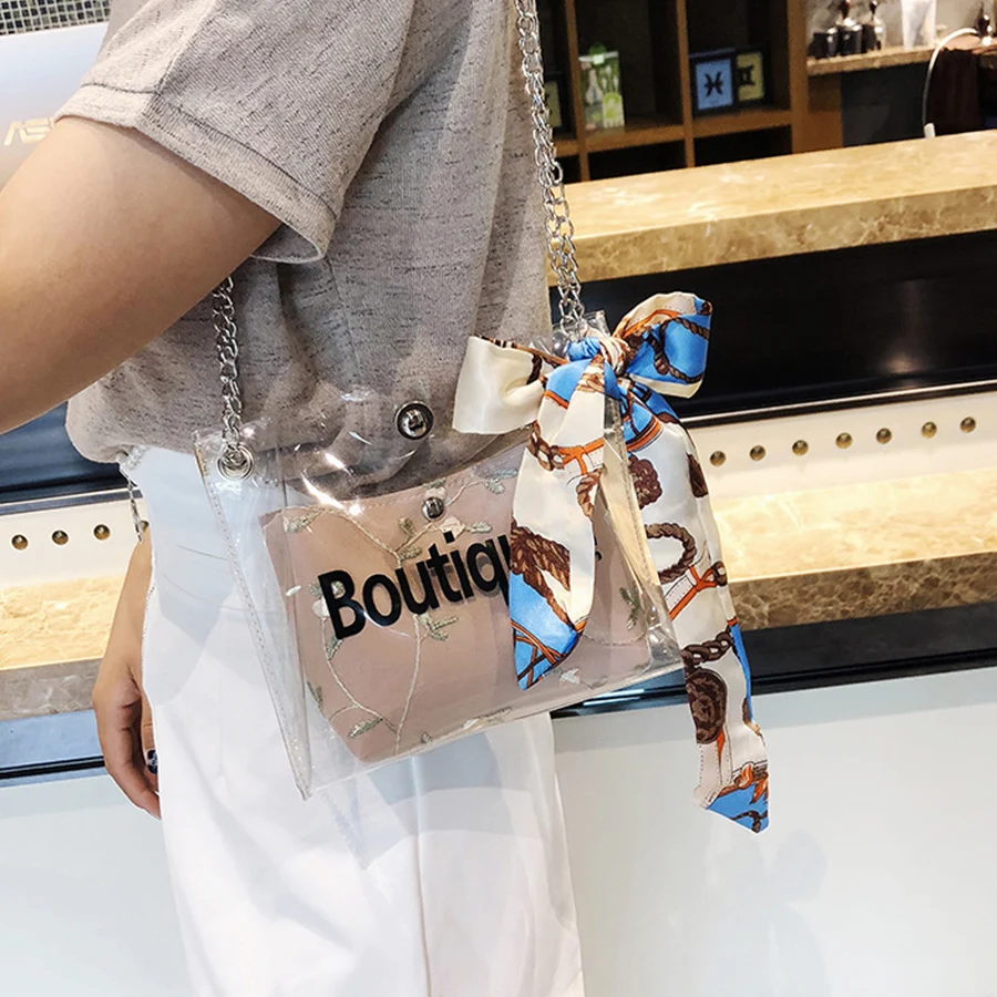 

Clear Transparent PVC Shoulder Bags Women Candy Color Scarves Jelly Bags Purse Handbags sac a main femme Letter Crossbody Bag