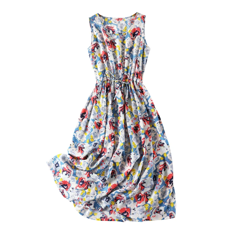 

Women Summer Silk Dress O neck Floral Print Vintage Natural silk dresses Elegant Red Dress Casual holiday real silk long dress