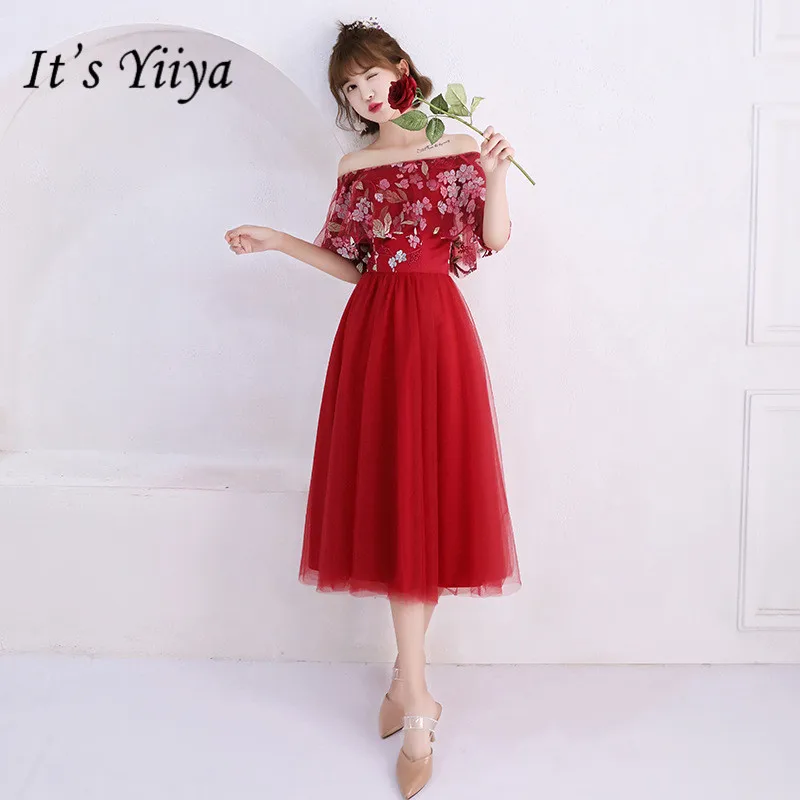

It's YiiYa Short sleeve Bridesmaid Dress Appliques Beading Wine Red Prom Dresses Elegant Boat Neck Flowers Sexy Party Gowns E136