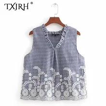 Милый txjrh богемский этнический плед цветочный узор, вышивка с оборками деревянные уши глубокий v-образный вырез без рукавов футболка сексуальная Женская футболка Топы