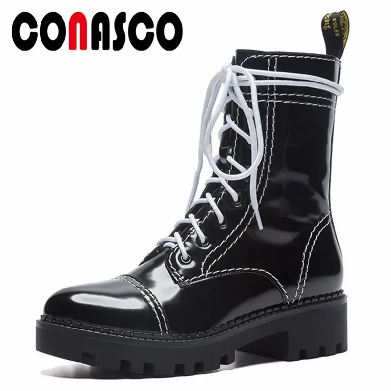 

CONASCO Fashion Brand Women Mid-calf Boots Corss-tied Warm Autumn Winter Basic Boots Black White Motorcycle Boots Shoes Woman