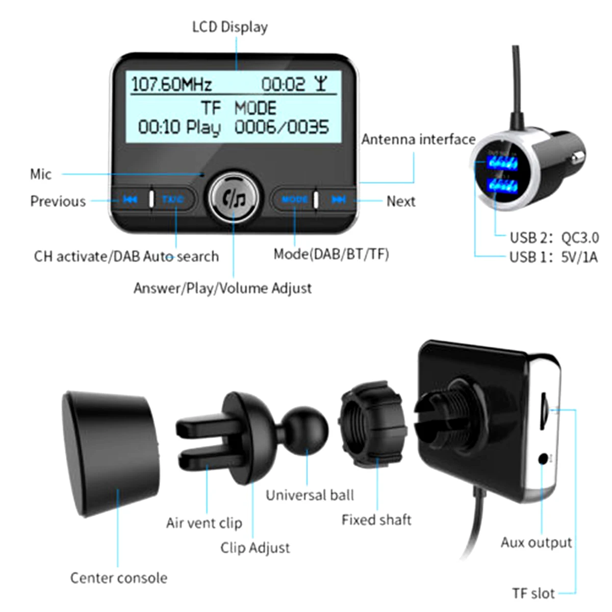 Автомобильный DAB радио приемник тюнер USB адаптер bluetooth Автомобильный передатчик TF/AUX антенна ЖК-дисплей цифровой радио Громкая связь вызов