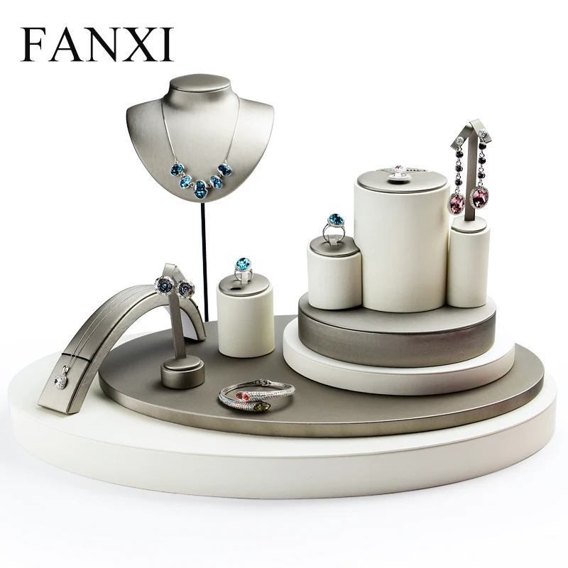 

FANXI DHL Express Shipping Custom Gray and Beige PU Leather Jewelry Display Set Stand for Necklace Ring Shop Counter Exhibitor