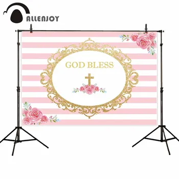 

Allenjoy Holy Communion backdrops photography pink stripe golden frame cross girl photo background photophone photocall fabric