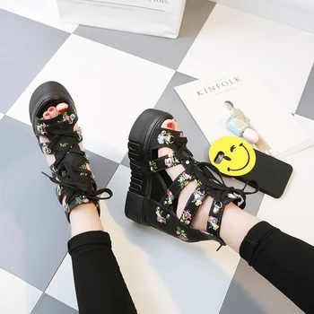 

Dropshipping Women Spring Sandals High Heel Casual Ethnic Flower Floral Toe Wedges Platform Height Increasing Chunky Ladies Shoe
