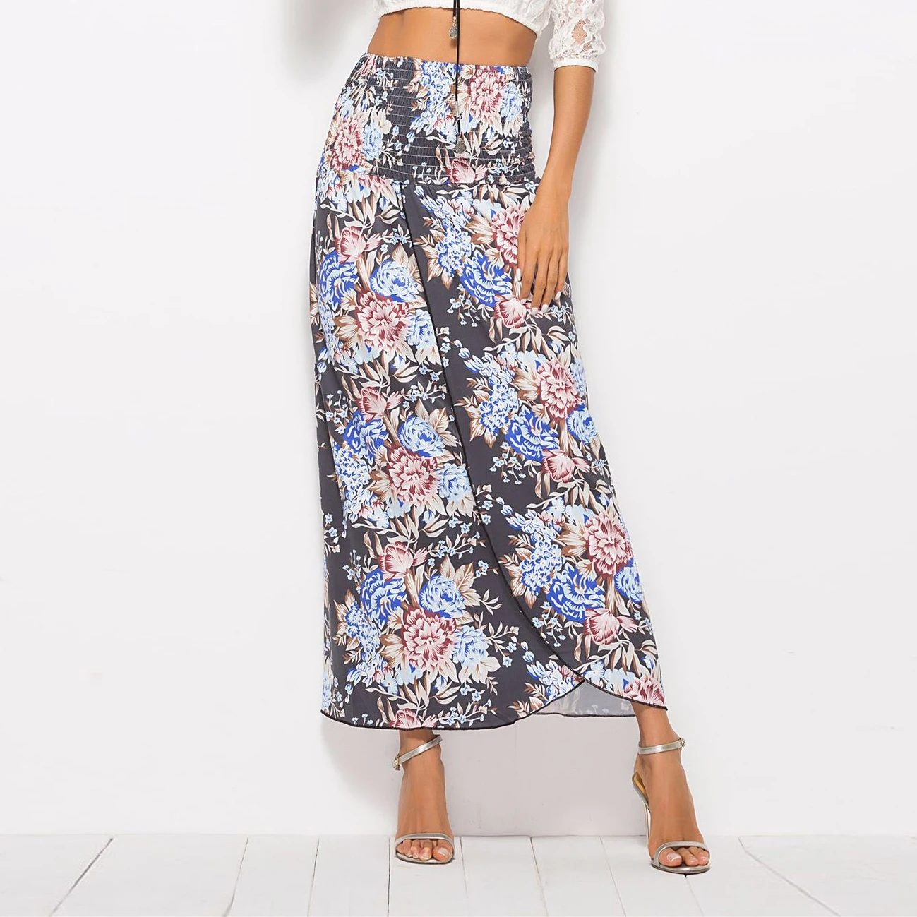 

Two Way Wear Ankle Length Women Long Skirt Summer Floral Print Bohemian Beach Asymmetrical Front Slit High Waist Boho Skirts