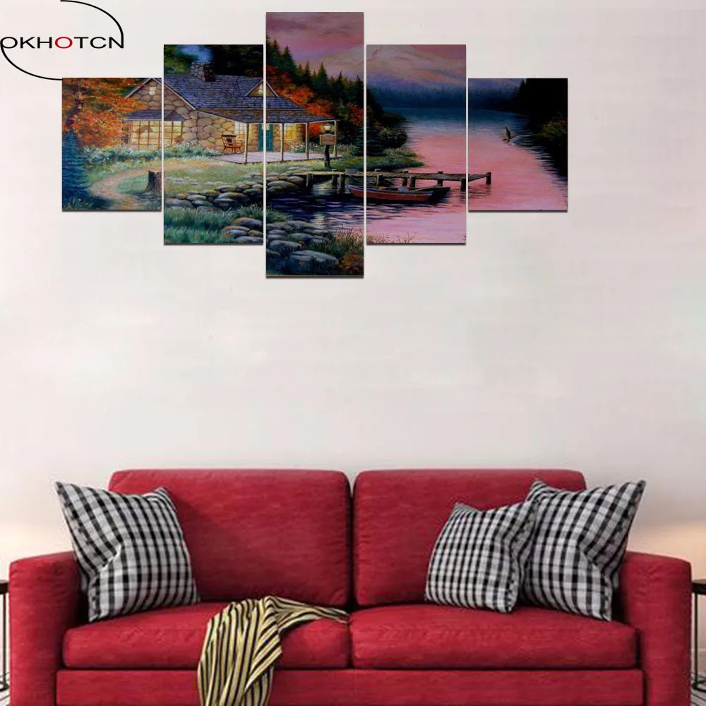 OKHOTCN Modern Home Decorative Poster Canvas Painting HD Print 5 Panel House Landscape Wall Art River Picture Modular Decor | Дом и сад
