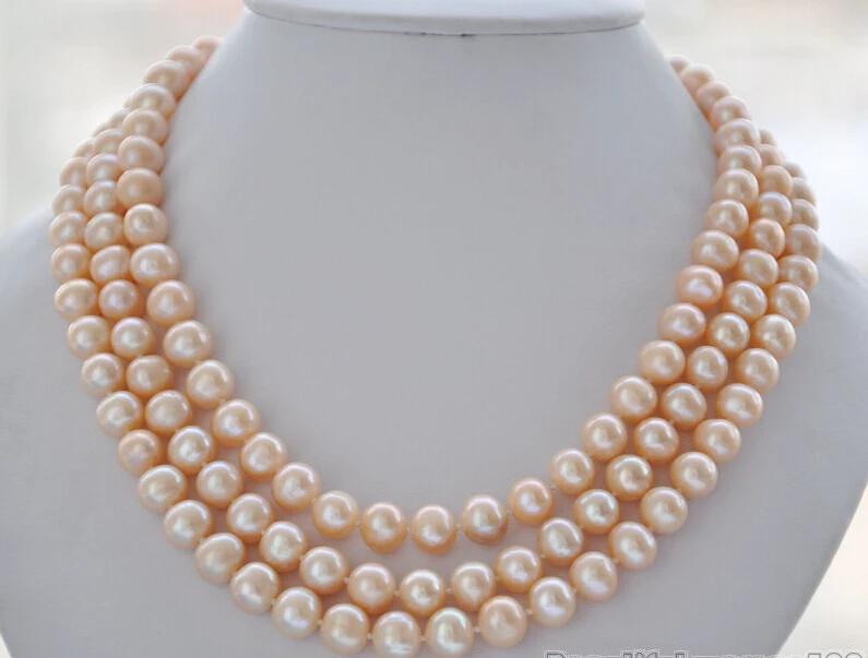

Free shipping@@@@@ AZ5870 NATURAL 3row 19" 10mm pink round FRESHWATER CULTURED pearl necklace a