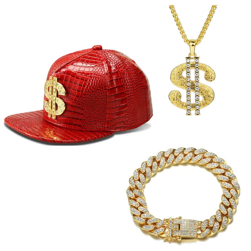 Men hip hop gold cap letter A cap hat+Necklace+bracelet Set jewelry Diamond ice out cuban chian Luxury Jewelry set For Men - Цвет: Красный