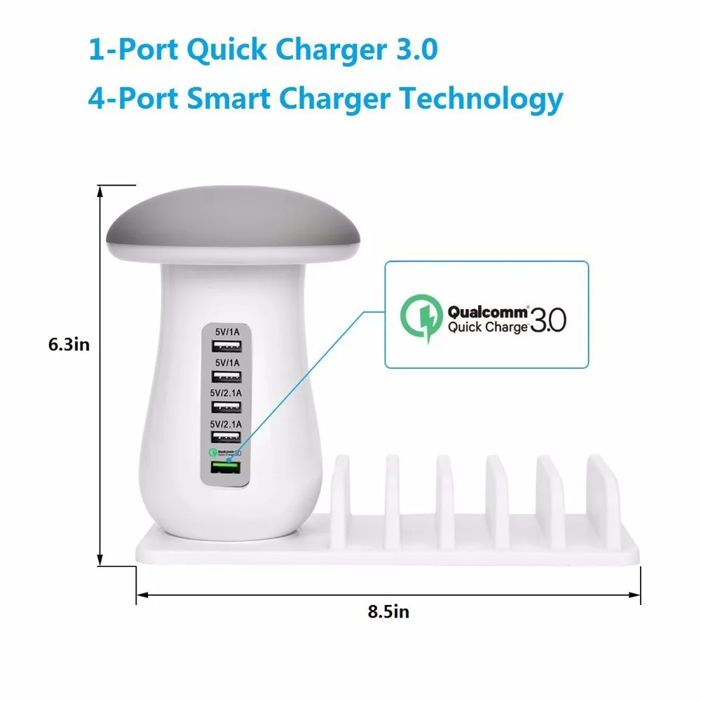 Quick Shipping Mushroom LED Night Light Lamp with 5 Ports Travel USB Charger for iPhone 8 X Samsung Smart Phones Ipad Tablets