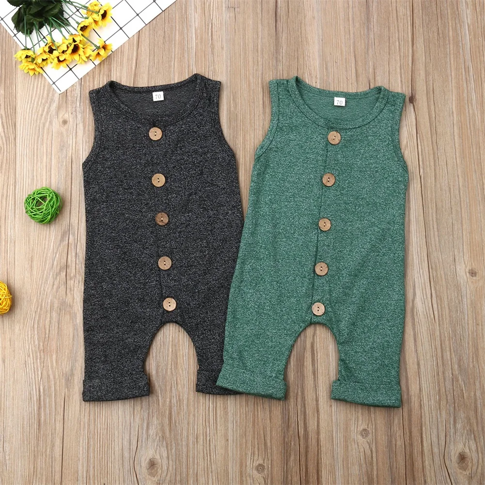 Baby Romper Newborn Baby Boy Girl Button Sleeveless Solid Romper Sunsuit Summer Outfit Kid Clothes