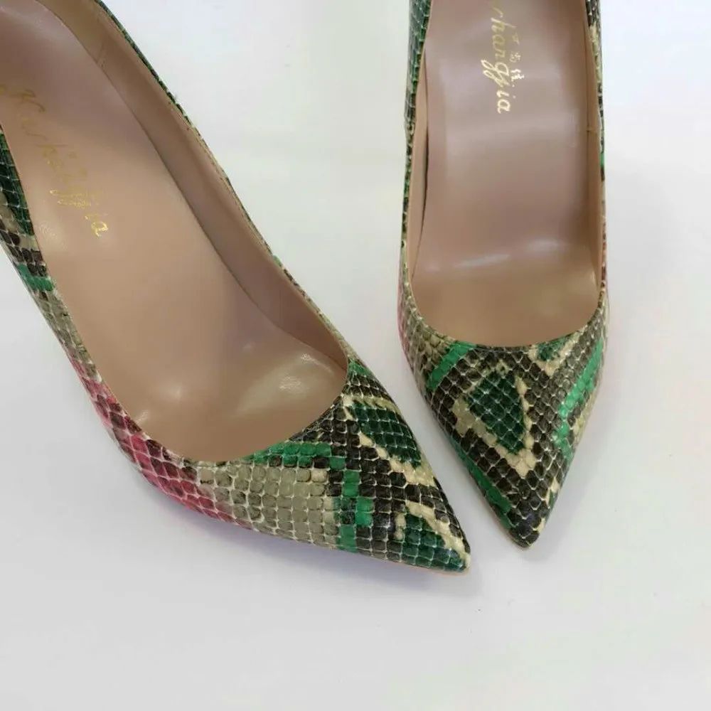 Keshangjia/Женская обувь; пикантные туфли-лодочки из змеиной кожи с острым носком; модельные туфли из лакированной кожи на высоком каблуке; водонепроницаемые мокасины; свадебные туфли; Размеры 35-44