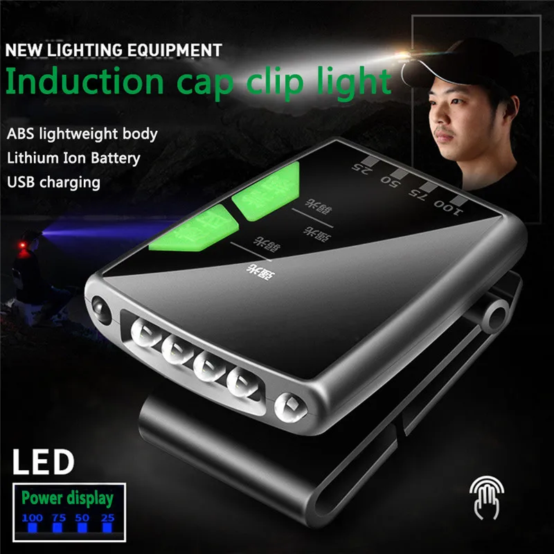 

USB Rechargeable Body Motion Sensor Fishing LED Headlamp 4/6*LED Hat Clip Light Adjustable Lamp Cap Waterproof Fishing Tools