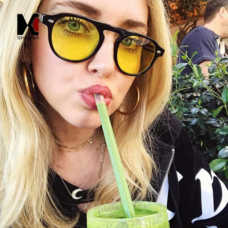 

SHAUNA Fashion Nail Decoration Women Round Sunglasses Retro Men Yellow Tint/Clear Lens Shades UV400
