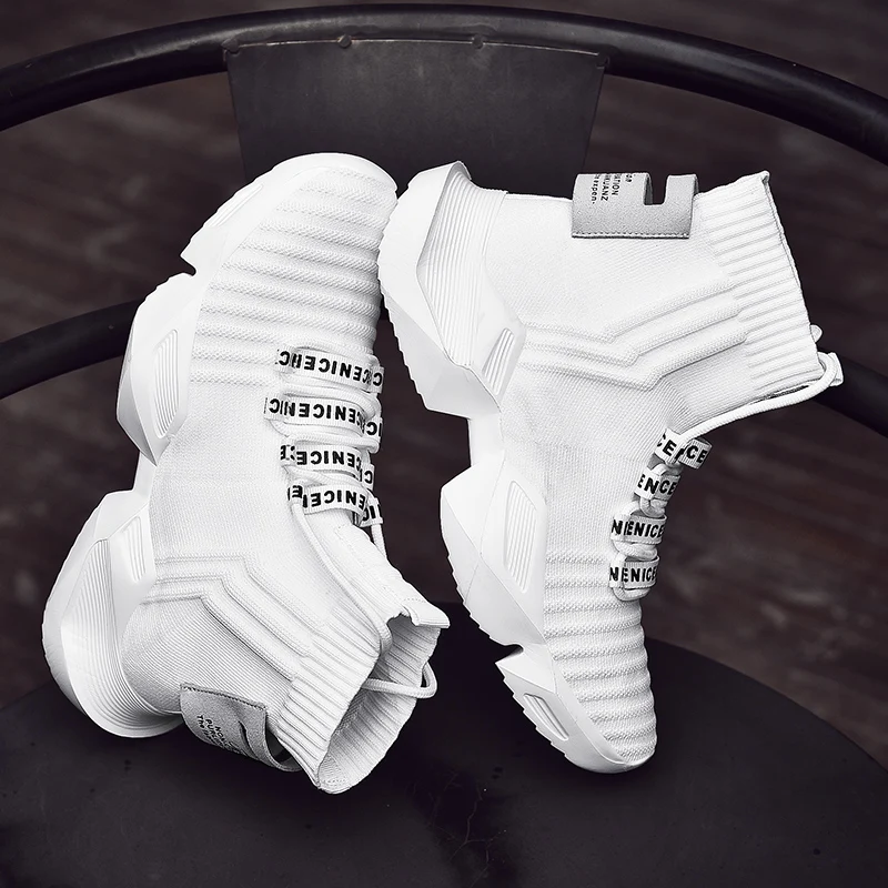 Baratos Zapatillas altas De verano para Hombre, Zapatos casuales De punto para Hombre, Zapatos negros blancos, Zapatos De Hombre, zapatillas gruesas transpirables, Zapatos De papá