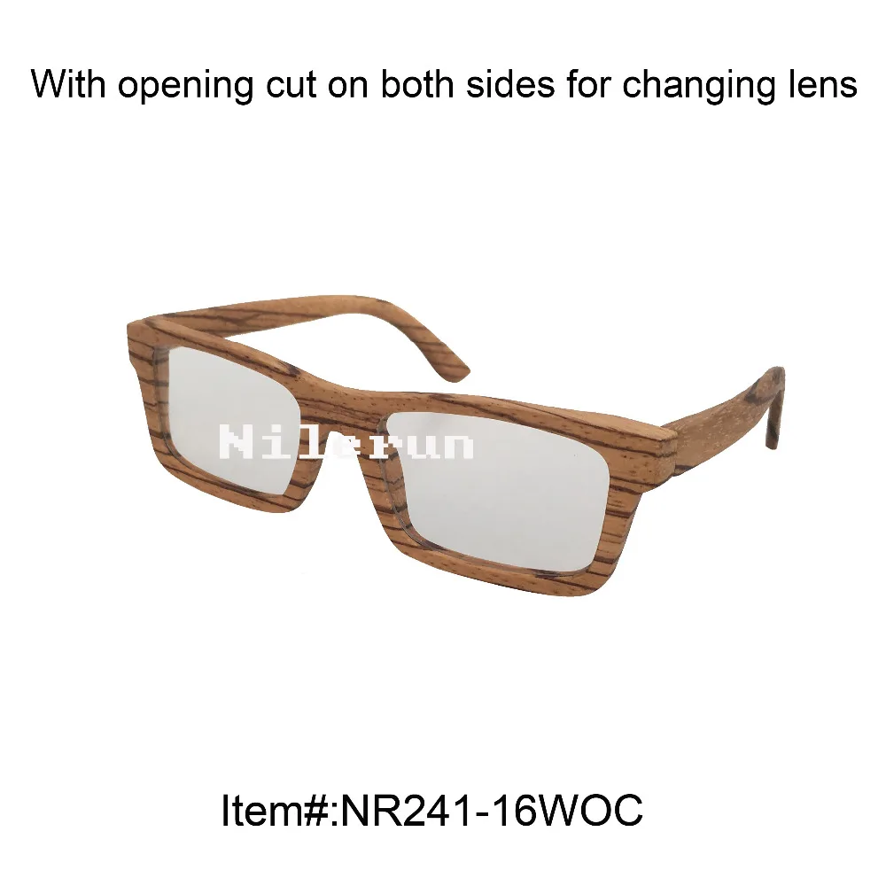 

rectangle zebra wood optical eyeglasses with clear plain lenses and opening cut