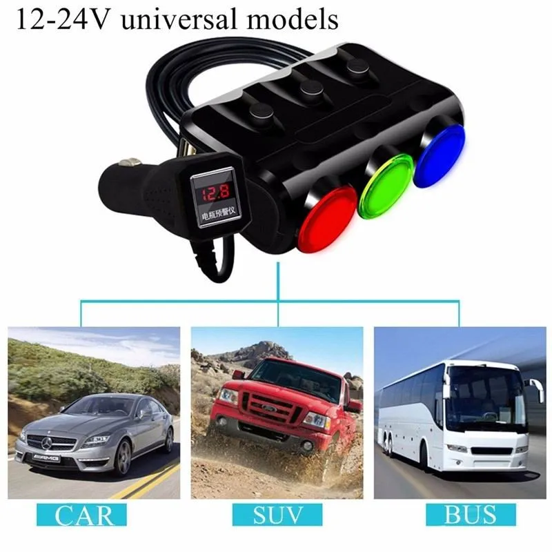 2-ядерный 2-usb 3-гнездо адаптера светодиодный автомобильный прикуриватель Зарядное устройство 12-24 V 120W адаптер гнезд сплиттер 3.1A TF Micro SD мобильный телефон Dual USB зарядное устройство для автомобиля