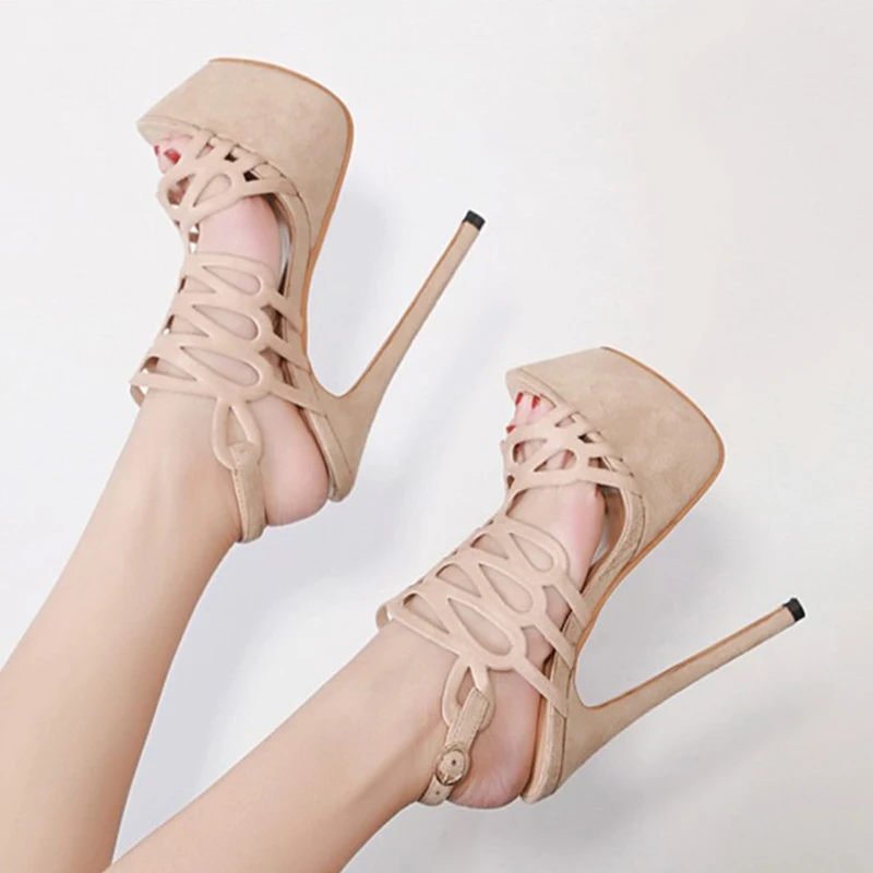 

2019 Summer Platform Sandals Sexy 16cm Women Sandals Nude Fetish Thin High Heels Open Toe Gladiator Nightclub Flock Party Shoes