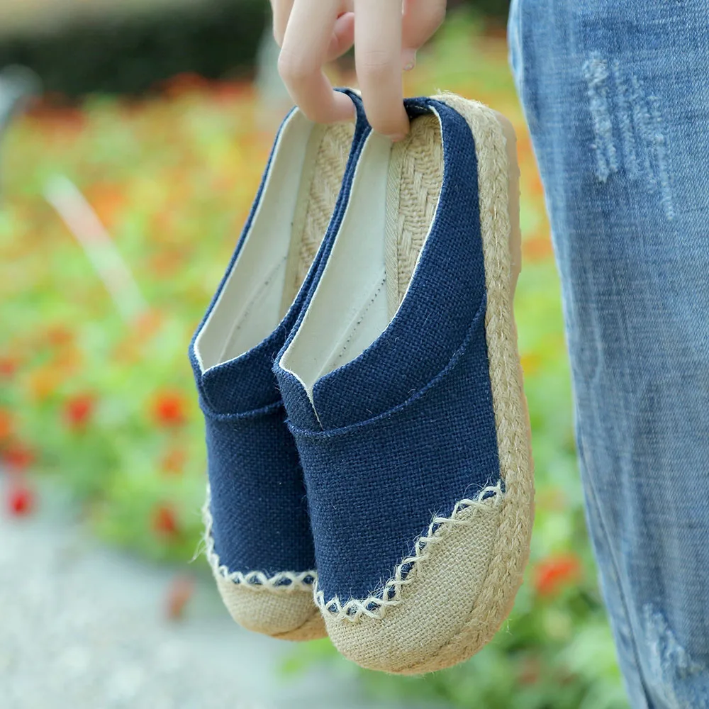 Женские тапочки в тайском стиле; хлопковая льняная Тканевая обувь ручной работы; тканые туфли на плоской подошве с круглым носком
