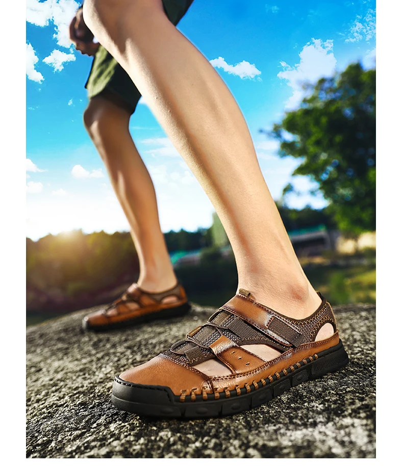 Новинка; Летние повседневные мужские сандалии в деловом стиле; мужская кожаная обувь на плоской подошве; мужские пляжные сандалии с закругленным носком и ручной строчкой