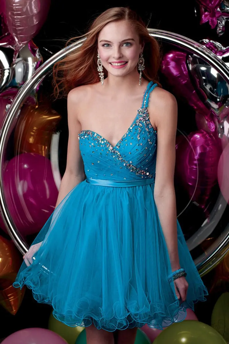 

A-297 Wholesale Cheap Organza One Shoulder Blue Beadeds Homecoming Dress