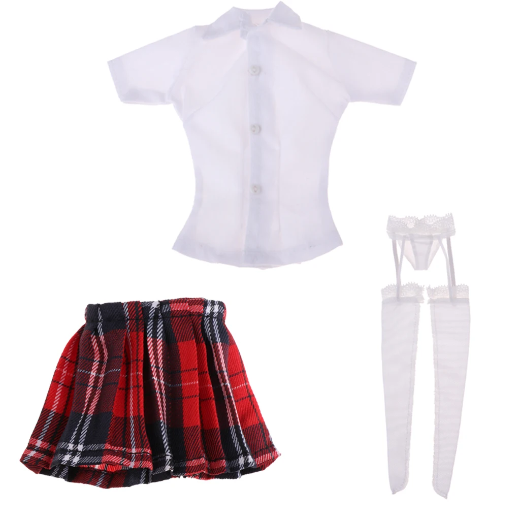 1:6 Scale Schoolgirl Shirt and Skirt & Garter Stockings for 12inch Phicen Steel Female Body Cloth