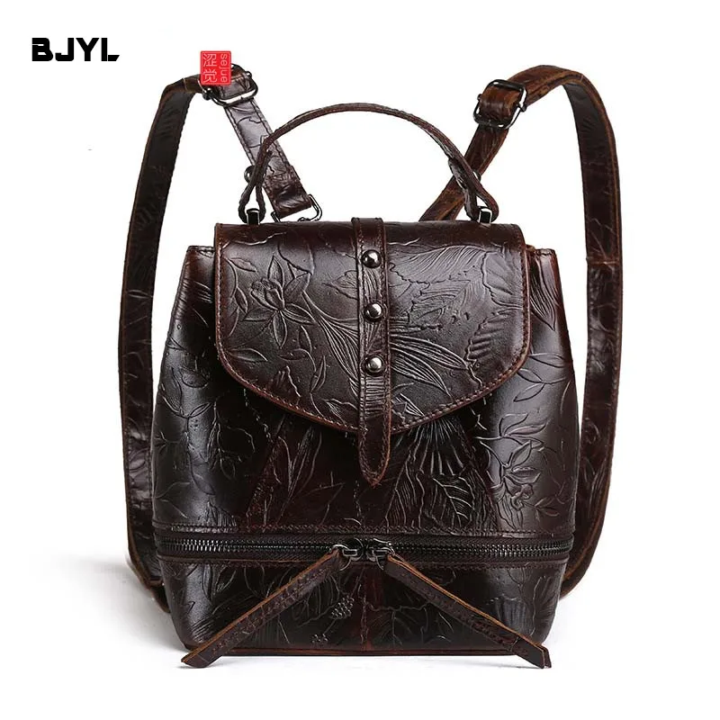

BJYL High Quality Women Genuine Leather Backpacks Female Embossed Flower School shoulder Bag Vintage National Travel Bags