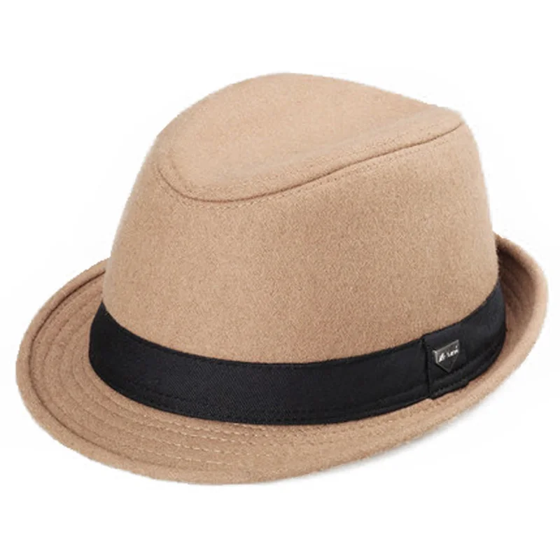 Мужская фетровая винтажная шляпа FS, шерстяная шляпа-трилби с широкими полями, в полоску, черного цвета, на осень/зиму - Цвет: Khaki 56 to 58cm