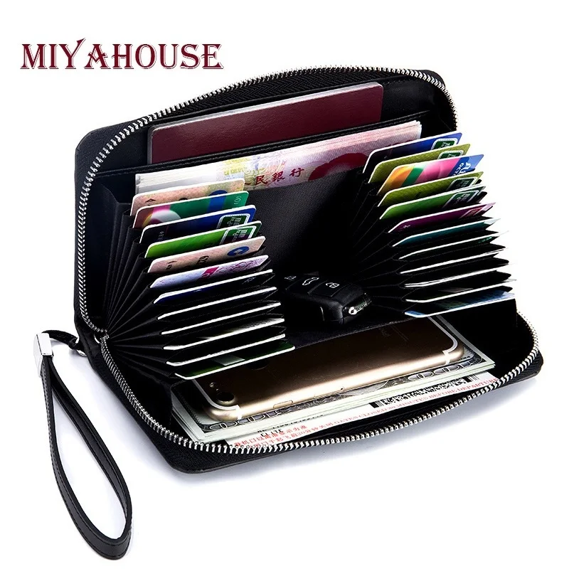 

High Capacity Unisex RFID Card Holder Wallets Split Leather Men Long Zipper Wallet Credit Cards Change Purses With Wrist Strap